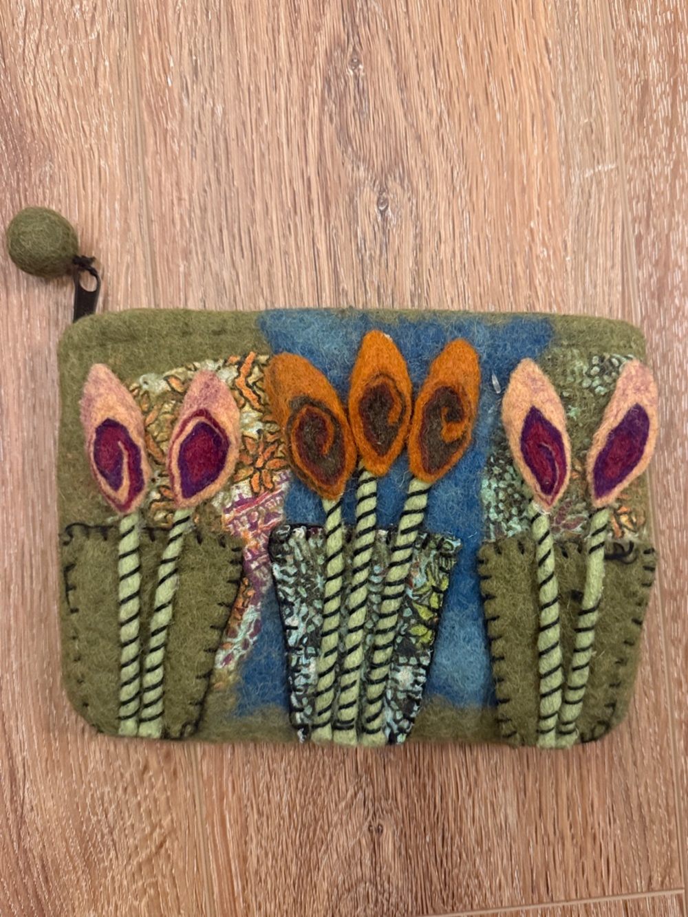 Rising Tide Felted Wool Floral Applique Clutch Pouch Wristlet 6x7 Handmade Boho